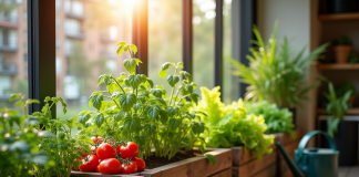 Petit jardin en balcon urbain avec légumes en pot soleil