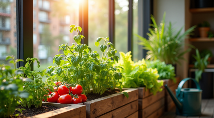 Petit jardin en balcon urbain avec légumes en pot soleil