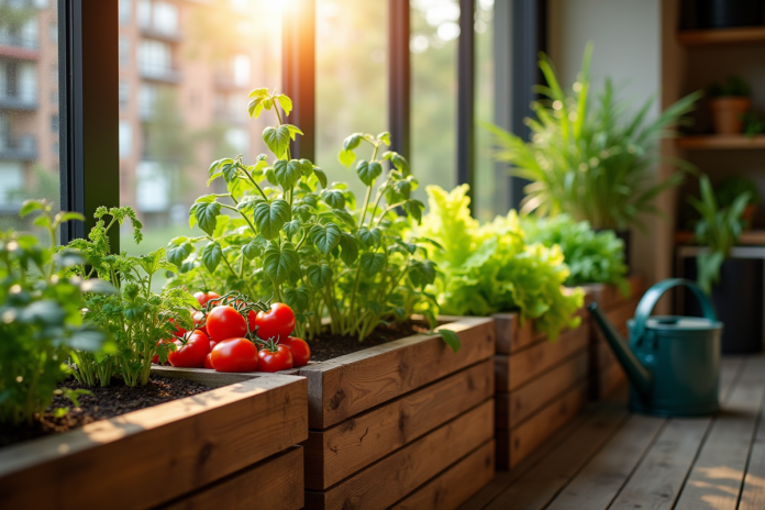 Petit jardin en balcon urbain avec légumes en pot soleil