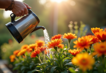 Mains de jardinier arrosant des fleurs éclatantes dans le jardin