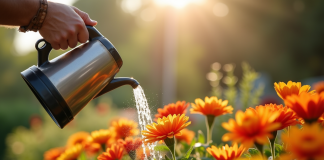Mains de jardinier arrosant des fleurs éclatantes dans le jardin