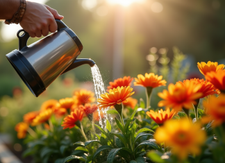 Mains de jardinier arrosant des fleurs éclatantes dans le jardin