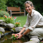 Transformez facilement un ancien bassin en un lieu de vie agréable : nos astuces pratiques Femme plantant des plantes aquatiques dans un bassin de jardin rénové