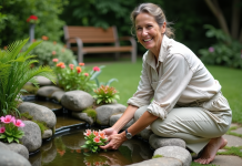 Transformez facilement un ancien bassin en un lieu de vie agréable : nos astuces pratiques Femme plantant des plantes aquatiques dans un bassin de jardin rénové