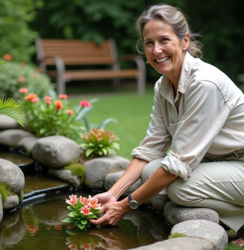 Transformez facilement un ancien bassin en un lieu de vie agréable : nos astuces pratiques Femme plantant des plantes aquatiques dans un bassin de jardin rénové