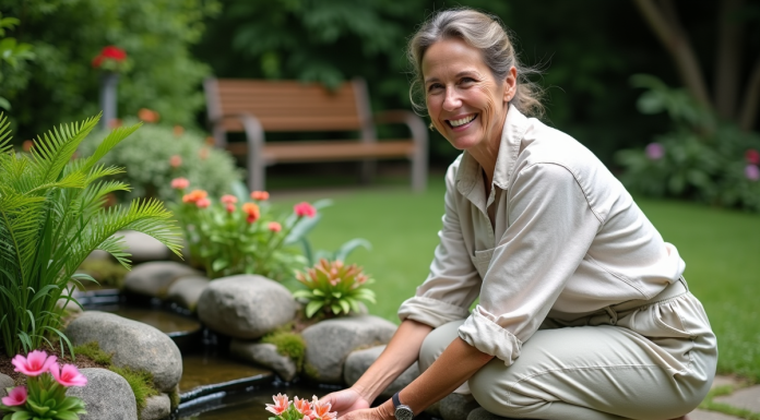 Transformez facilement un ancien bassin en un lieu de vie agréable : nos astuces pratiques Femme plantant des plantes aquatiques dans un bassin de jardin rénové