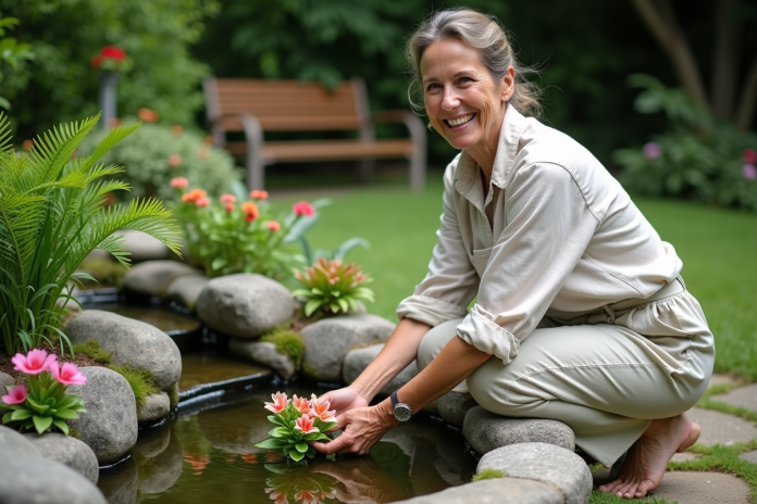 jardin-pond-plantation Femme plantant des plantes aquatiques dans un bassin de jardin rénové
