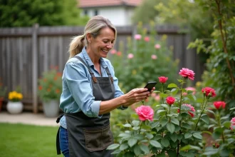 Femme souriante en jardinage prune un rosier dans son jardin