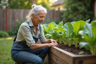Femme d'âge moyen examine ses légumes dans le jardin