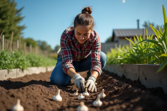 Femme plantant de l ail dans un jardin rustique