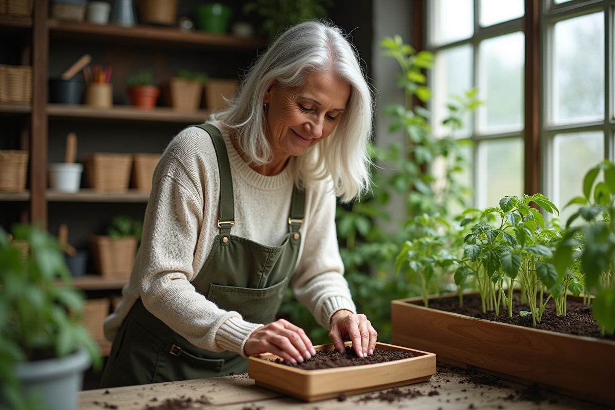 Femme jardinant en intérieur en semant des graines de tomates
