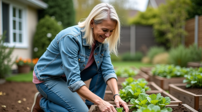 Femme d'âge moyen transplante des jeunes plants dans un jardin