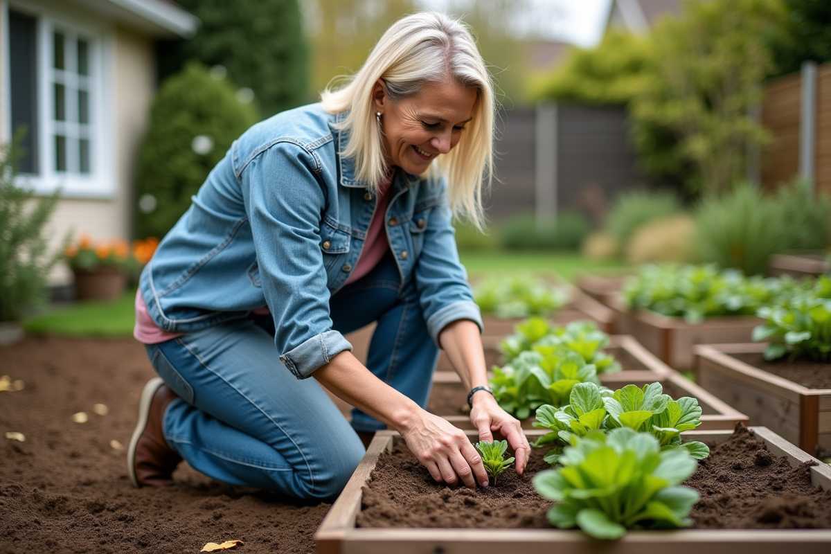Femme d'âge moyen transplante des jeunes plants dans un jardin