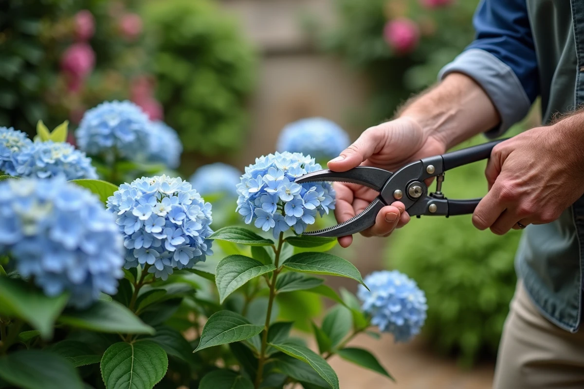 Jardinier âgé réalisant une coupe de tige d'hortensia au sécateur dans un jardin de style campagne française en été