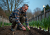Jardinier français plantant des poireaux dans un jardin rustique