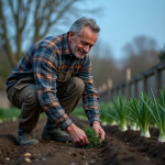 Jardinier français plantant des poireaux dans un jardin rustique