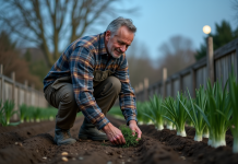 Jardinier français plantant des poireaux dans un jardin rustique