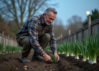 Plantation de poireaux avec la lune : dates optimales en 2025 Jardinier français plantant des poireaux dans un jardin rustique