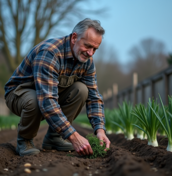 Plantation de poireaux avec la lune : dates optimales en 2025 Jardinier français plantant des poireaux dans un jardin rustique