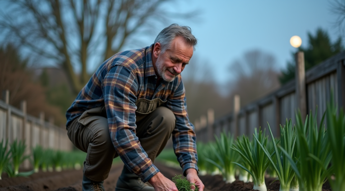 Jardinier français plantant des poireaux dans un jardin rustique