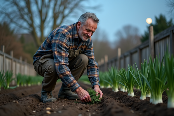 Jardinier français plantant des poireaux dans un jardin rustique