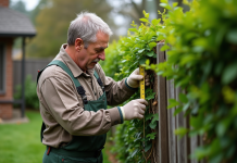 Normes pour les haies : respecter les règles pour une meilleure croissance Jardinier mesurant une haie avec un ruban dans un jardin