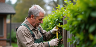 Normes pour les haies : respecter les règles pour une meilleure croissance Jardinier mesurant une haie avec un ruban dans un jardin