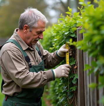 Normes pour les haies : respecter les règles pour une meilleure croissance Jardinier mesurant une haie avec un ruban dans un jardin