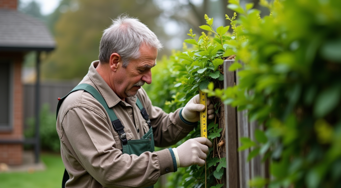 Normes pour les haies : respecter les règles pour une meilleure croissance Jardinier mesurant une haie avec un ruban dans un jardin