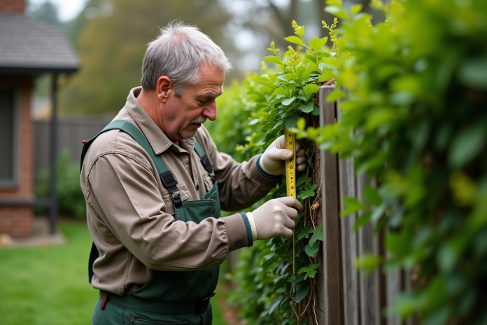 jardinier-mesure-haie-jardin Jardinier mesurant une haie avec un ruban dans un jardin