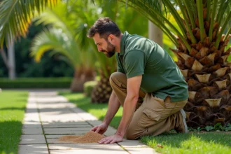 Homme jardinier appliquant fertilisant autour d'un palmier vert