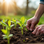 Jardinier plantant jeunes légumes dans le sol fertile au printemps