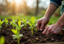 Jardinier plantant jeunes légumes dans le sol fertile au printemps