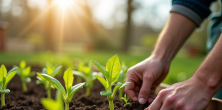 Jardinier plantant jeunes légumes dans le sol fertile au printemps