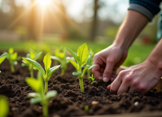 Planter des légumes en février : quelles variétés choisir pour un potager ? Jardinier plantant jeunes légumes dans le sol fertile au printemps