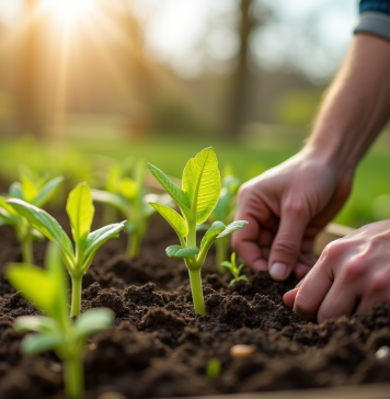 Jardinier plantant jeunes légumes dans le sol fertile au printemps