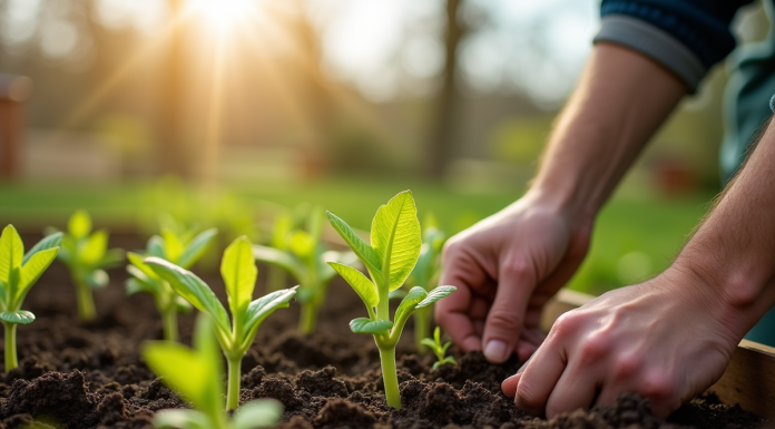Jardinier plantant jeunes légumes dans le sol fertile au printemps