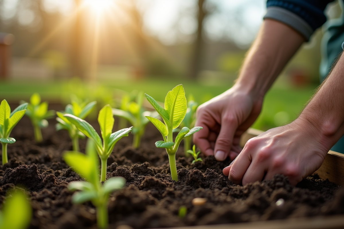Jardinier plantant jeunes légumes dans le sol fertile au printemps