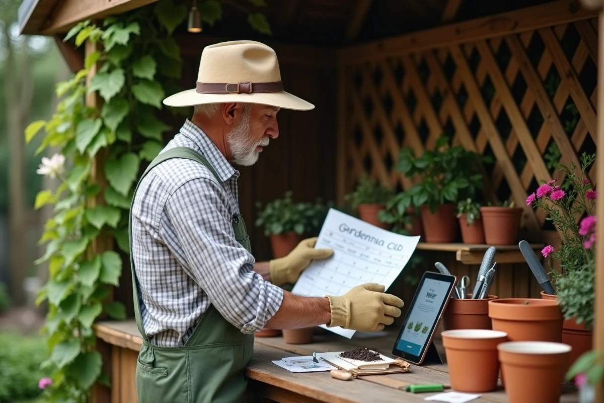 Jardinier senior comparant les offres de clubs de jardinage en ligne sur une tablette numérique dans un atelier de jardin
