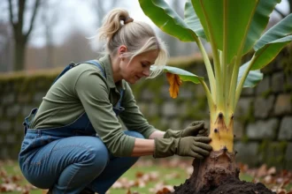 Jardinière inspectant le pied d'un bananier en pleine terre en automne avant la coupe hivernale