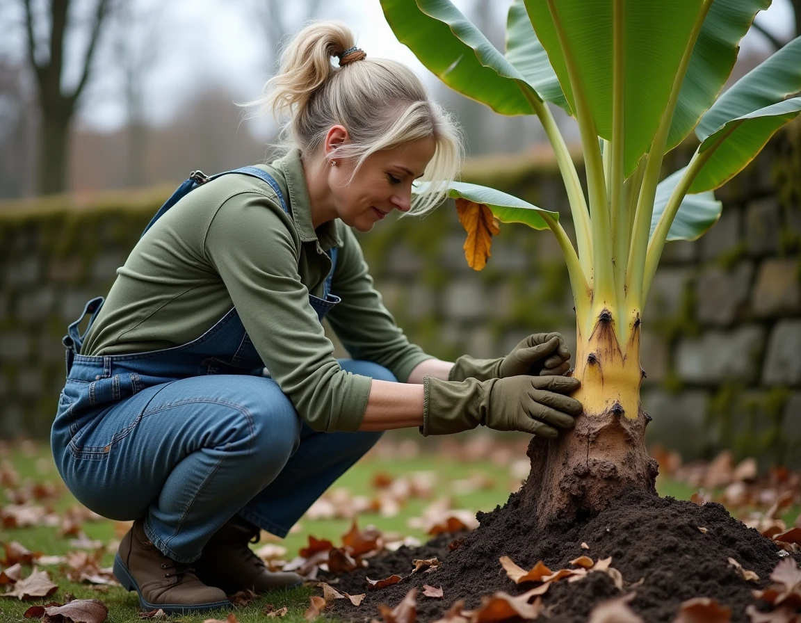Jardinière inspectant le pied d'un bananier en pleine terre en automne avant la coupe hivernale