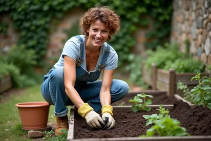 Femme jardinière appliquant du compost biologique dans un potager surélevé, alternative naturelle aux amendements interdits