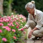 Femme jardiniere examine des dianthus en fleurs dans un jardin