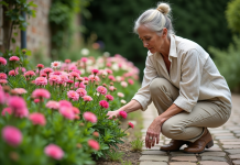 Femme jardiniere examine des dianthus en fleurs dans un jardin