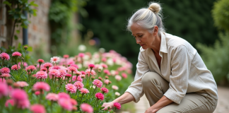 Dianthus vivace : quelles variétés fleurissent le plus longtemps ? Femme jardiniere examine des dianthus en fleurs dans un jardin