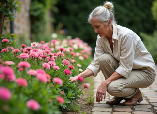 Dianthus vivace : quelles variétés fleurissent le plus longtemps ? Femme jardiniere examine des dianthus en fleurs dans un jardin