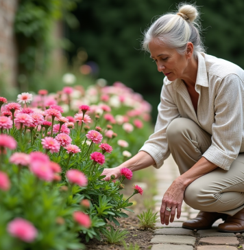 Dianthus vivace : quelles variétés fleurissent le plus longtemps ? Femme jardiniere examine des dianthus en fleurs dans un jardin