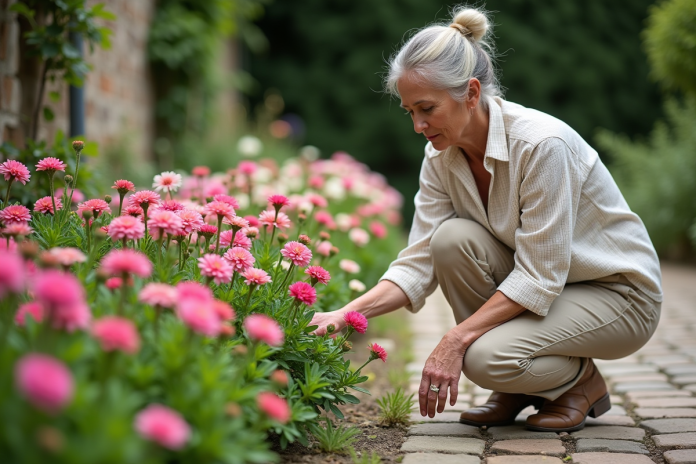Femme jardiniere examine des dianthus en fleurs dans un jardin