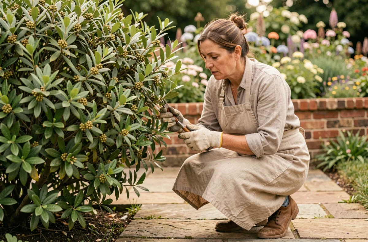 Jardinière avec des gants d'horticulture examinant les fruits potentiellement toxiques d'un arbuste Choisya ternata dans un jardin résidentiel