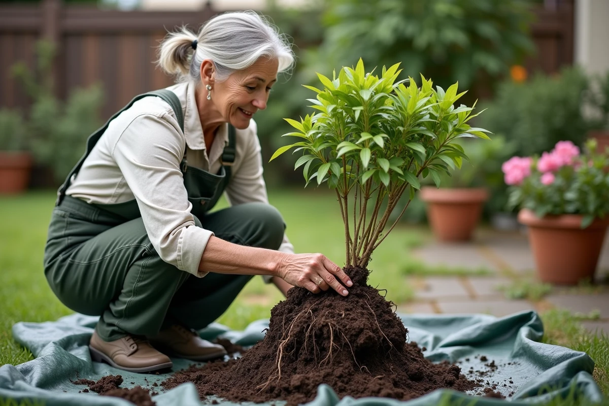 Jardinière examinant le système racinaire d'un laurier rose déraciné dans un jardin de banlieue, évaluant l'étendue des racines